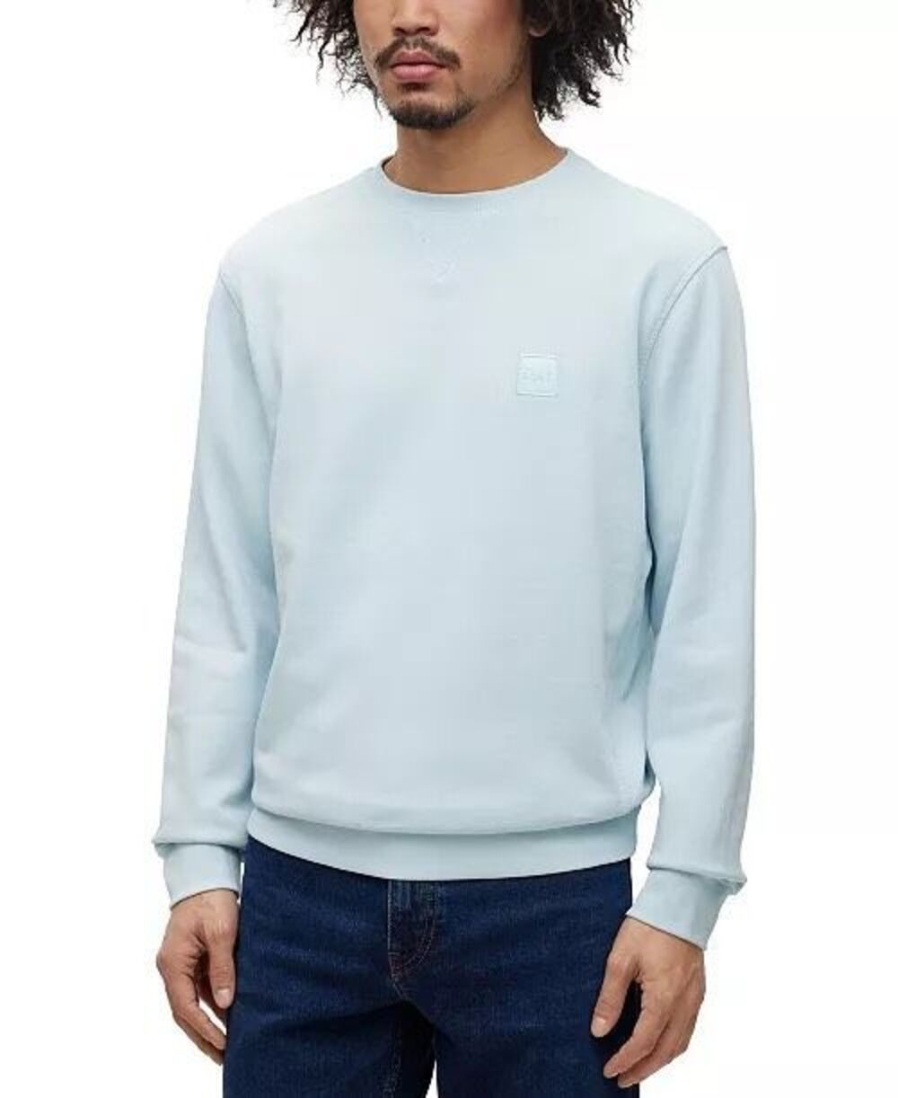 Hugo Boss Logo Patch Size Small Light Blue Crewneck 100% Cotton Pullover Sweater
